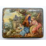 A RARE 19TH CENTURY EUROPEAN PAINTED IVORY SNUFF BOX AND COVER decorated with figures in various pur