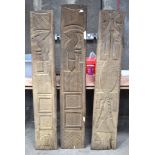 THREE AFRICAN TRIBAL YORUBA CARVED WOOD RELIEF PANELS . Largest 167 cm x 28 cm. (3)