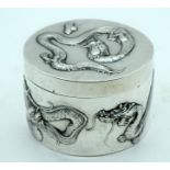 A LATE 19TH CENTURY CHINESE SILVER BOX AND COVER by Luen Hing, decorated with dragons. 211 grams. 9