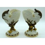 A RARE PAIR OF 19TH CENTURY ROYAL WORCESTER NAUTILUS PORCELAIN SHELL VASES overlaid with lizards and