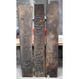 THREE AFRICAN TRIBAL YORUBA CARVED WOOD RELIEF PANELS . Largest 170 cm x 25 cm. (3)