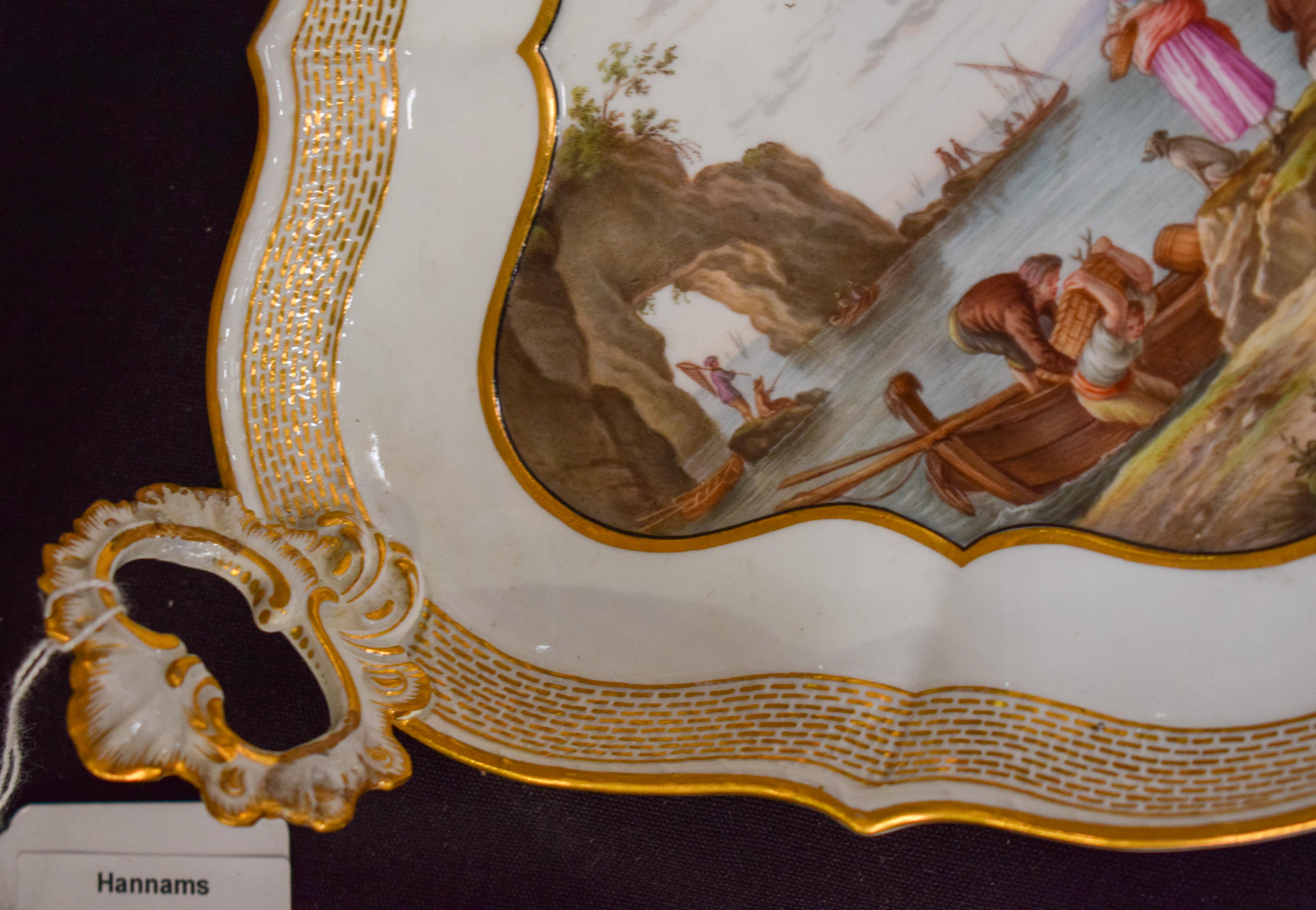 A FINE PAIR OF 18TH/19TH CENTURY MEISSEN TWIN HANDLED PORCELAIN DISHES painted with coastal views. 2 - Image 8 of 19