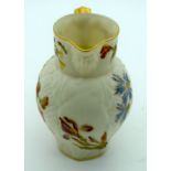 A RARE ROYAL WORCESTER BLUSH IVORY MASK HEAD SPARROW BEAK JUG painted with flowers. 12 cm high.