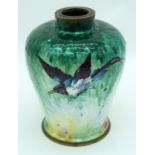 A 1930S FRENCH JULES SARLANDIE LIMOGES ENAMEL VASE decorated with birds in flight. 19 cm x 10 cm.