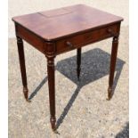 A CHARMING GEORGE III MAHOGANY CHAMBER TABLE signed M Willson, with pull out drawer and unusual fold