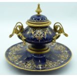 A 19TH CENTURY FRENCH SEVRES PORCELAIN TWIN HANDLED INKWELL with gilt metal handles and overall jewe