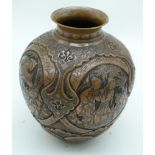 A FINE 19TH CENTURY MIDDLE EASTERN PERSIAN ISLAMIC ENGRAVED BRONZE VASE decorated with figures and s