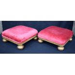 A PAIR OF 19TH CENTURY GILTWOOD VELVET UPHOLSTERED SQUARE FORM STOOLS with reeded frieze. 42 cm squa