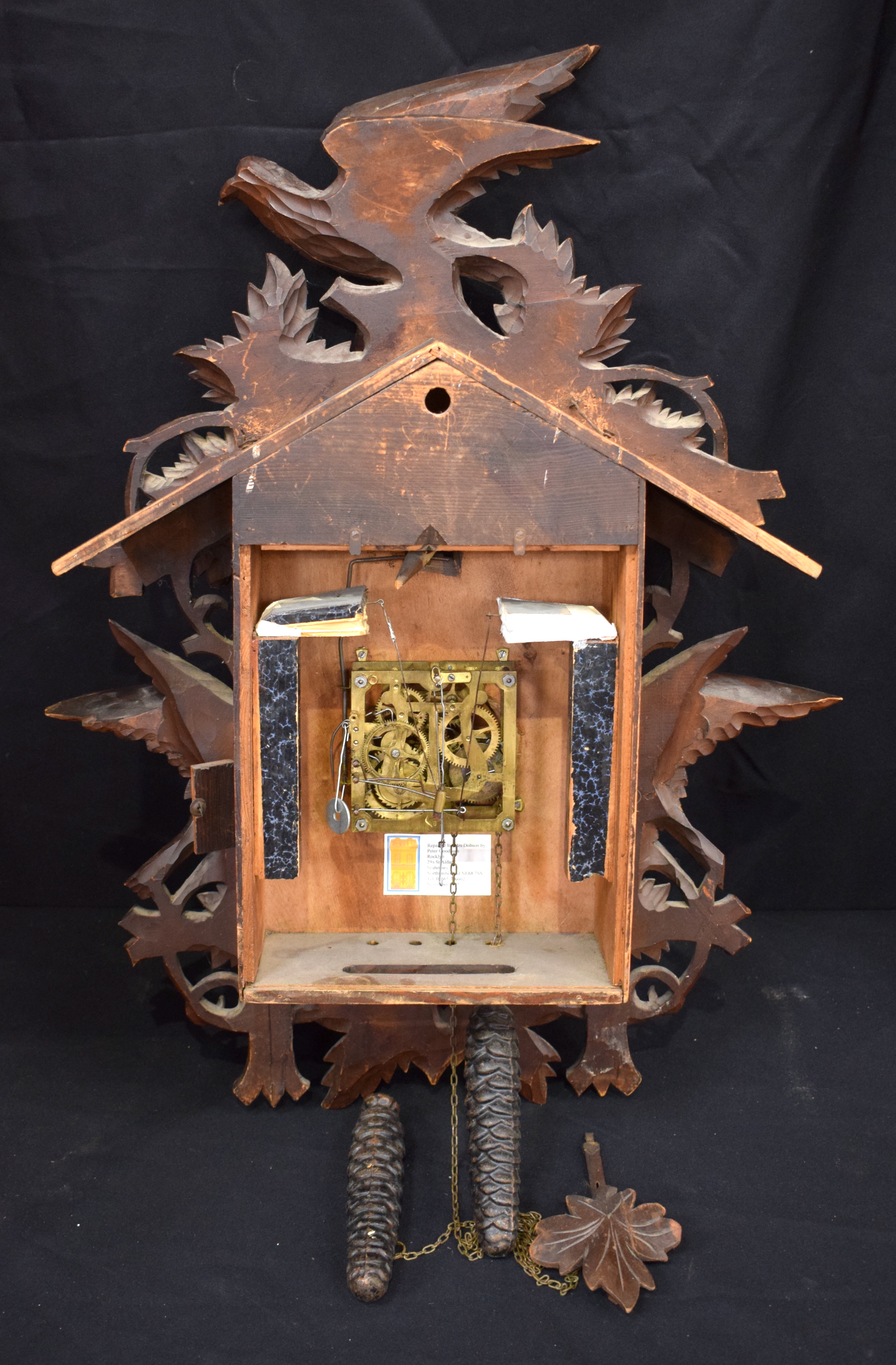 A 19TH CENTURY BAVARIAN BLACK FOREST CARVED WOOD CUCKOO CLOCK formed with opposing birds beside a ne - Image 11 of 13