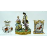 A 19TH CENTURY FRENCH PARIS PORCELAIN SCENT BOTTLE AND STOPPER together with a vase & another. 14 cm