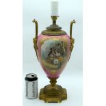 A LARGE MID 19TH CENTURY FRENCH SEVRES PORCELAIN TWIN HANDLED VASE converted to a lamp, painted with
