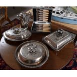 A LARGE COLLECTION OF SILVER PLATE including three serving dishes, a coffee pot, cased set of cutler