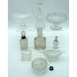 AN ANTIQUE SILVER MOUNTED CUT GLASS SCENT BOTTLE together with other glassware. (8)