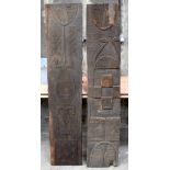 TWO AFRICAN TRIBAL YORUBA CARVED WOOD RELIEF PANELS . Largest 166 cm x 36 cm. (2)