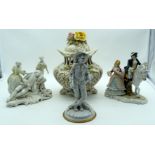 AN ANTIQUE CONTA & BOEHME BLANC DE CHINE PORCELAIN FIGURAL GROUP together with other figures etc. (4