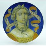 A CHARMING MID 19TH CENTURY EUROPEAN FAIENCE MAJOLICA PLATE painted with a portrait upon a blue grou