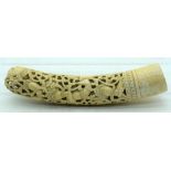 A FINE LARGE 19TH BURMESE CARVED EROTIC IVORY HANDLE FOR A DHA formed as a phallus, depicting Buddhi