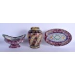 A VINTAGE PERSIAN ENAMEL BOAT SHAPED BOWL ON STAND together with a Persian vase. Largest 25 cm x 15