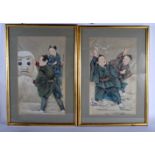 A RARE PAIR OF 19TH CENTURY JAPANESE MEIJI PERIOD PAINTED SILK WATERCOLOURS modelled building snowme