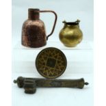 A small group of South East Asian bronze/copper items including an Islamic ink well , jugs etc 26cm