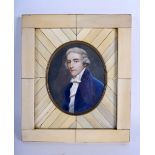 AN ANTIQUE PAINTED IVORY PORTRAIT MINIATURE depicting a male in a blue dress. Image 15 cm x 10 cm.