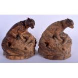 A PAIR OF 19TH CENTURY BAVARIAN BLACK FOREST CARVED WOOD BOOK ENDS modelled with two slender hounds