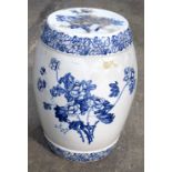 A CONTINENTAL PORCELAIN BARREL GARDEN SEAT. 48 cm x 27 cm.