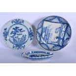 AN 18TH CENTURY JAPANESE EDO PERIOD BLUE AND WHITE DISH together with two others. Largest 22 cm diam