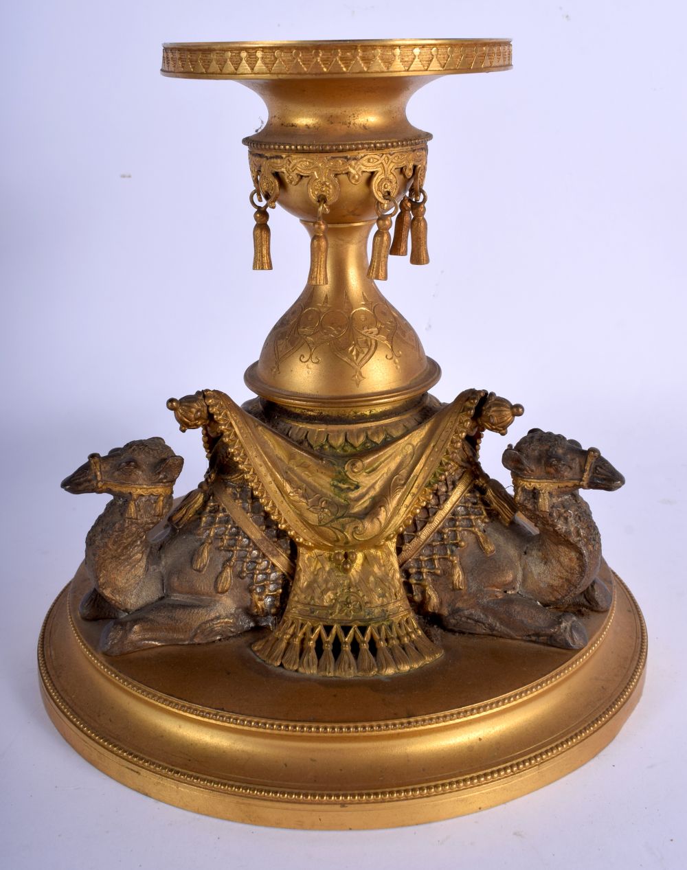 A LATE 19TH CENTURY FRENCH EGYPTIAN REVIVAL GILT METAL TABLE CENTREPIECE formed with recumbent camel