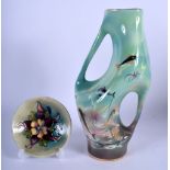 AN UNUSUAL 1960S ITALIAN SCAR CERAMIC POTTERY VASE painted with fish, and a Moorcroft dish. Largest