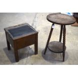 AN ANTIQUE COMMODE and a tripod stool. Largest 65 cm x 40 cm. (2)