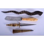 AN ANTIQUE CARVED ANTLER HORN KNIFE together with a banded agate knife etc. Largest 42 cm long. (3)