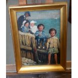 British School (19th Century) Oil on board, Faceless figures by the coast. Image 24 cm x 15 cm.