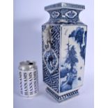 AN 18TH/19TH CENTURY JAPANESE EDO PERIOD BLUE AND WHITE SQUARE FORM VASE with moulded buddhistic lio