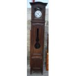 A 19TH CENTURY CONTINENTAL FRUITWOOD LONG CASE CLOCK by La Rosage, with gilded dial. 236 cm x 40 cm.