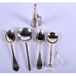 AN ANTIQUE SILVER CANDLE SNUFFER together with four silver spoons. 145 grams. (5)