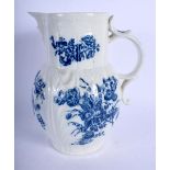 18th c. Caughley cabbage leaf moulded mask jug printed with flowers, C mark. 16.5cm High