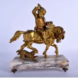 A 19TH CENTURY EUROPEAN BRONZE FIGURE OF A HORSE modelled with a boy riding it swatting a hound. 28