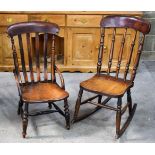 AN ANTIQUE FRUITWOOD ROCKING CHAIR together with another similar chair. Largest 92 cm x 40 cm. (2)