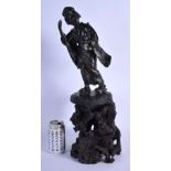 A LARGE 19TH CENTURY JAPANESE MEIJI PERIOD BRONZE OKIMONO OF A GEISHA modelled upon a rootwood base.
