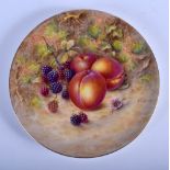 Royal Worcester plate painted with peaches and blackberries by J. Freeman, signed, date mark 1957.