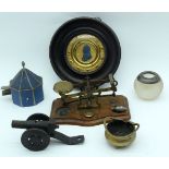 A miscellaneous collection including match striker with silver rim, scales, censor, framed miniature