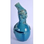 A 19TH CENTURY JAPANESE MEIJI PERIOD BLUE GLAZED GOURD VASE overlaid with dragons. 20 cm high.