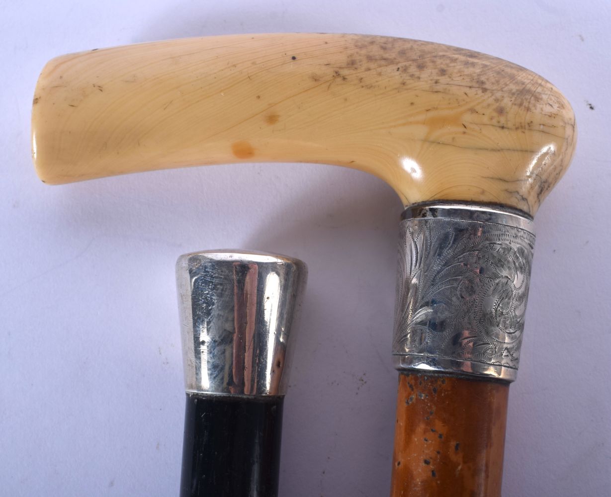 A 19TH CENTURY CONTINENTAL CARVED IVORY HANDLED WALKING CANE together with a silver mounted ebony ca