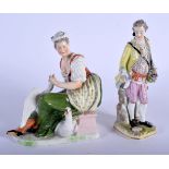 A 19TH CENTURY AUSTRIAN VIENNA PORCELAIN FIGURE OF A MALE together with a Continental figure of a fe