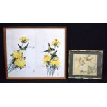 A Framed Chinese painting of flowers on silk together with a small Chinese print 47 x 55cm (2)
