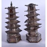 A PAIR OF VINTAGE CHINESE SILVER PAGODA CONDIMENTS. 43 grams. 8.5 cm x 3.5 cm.