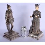 A RARE LARGE PAIR OF ANTIQUE BERTHOLD MULLER SILVER AND IVORY FIGURES modelled as a knight and his m