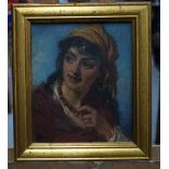 E C Barnes (19th Century) Oil on canvas, Gypsy girl. Image 21 cm x 18 cm.