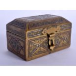 A 19TH CENTURY MIDDLE EASTERN SILVER INLAID CAIROWARE TYPE BOX decorated with kufic script. 9 cm x 4